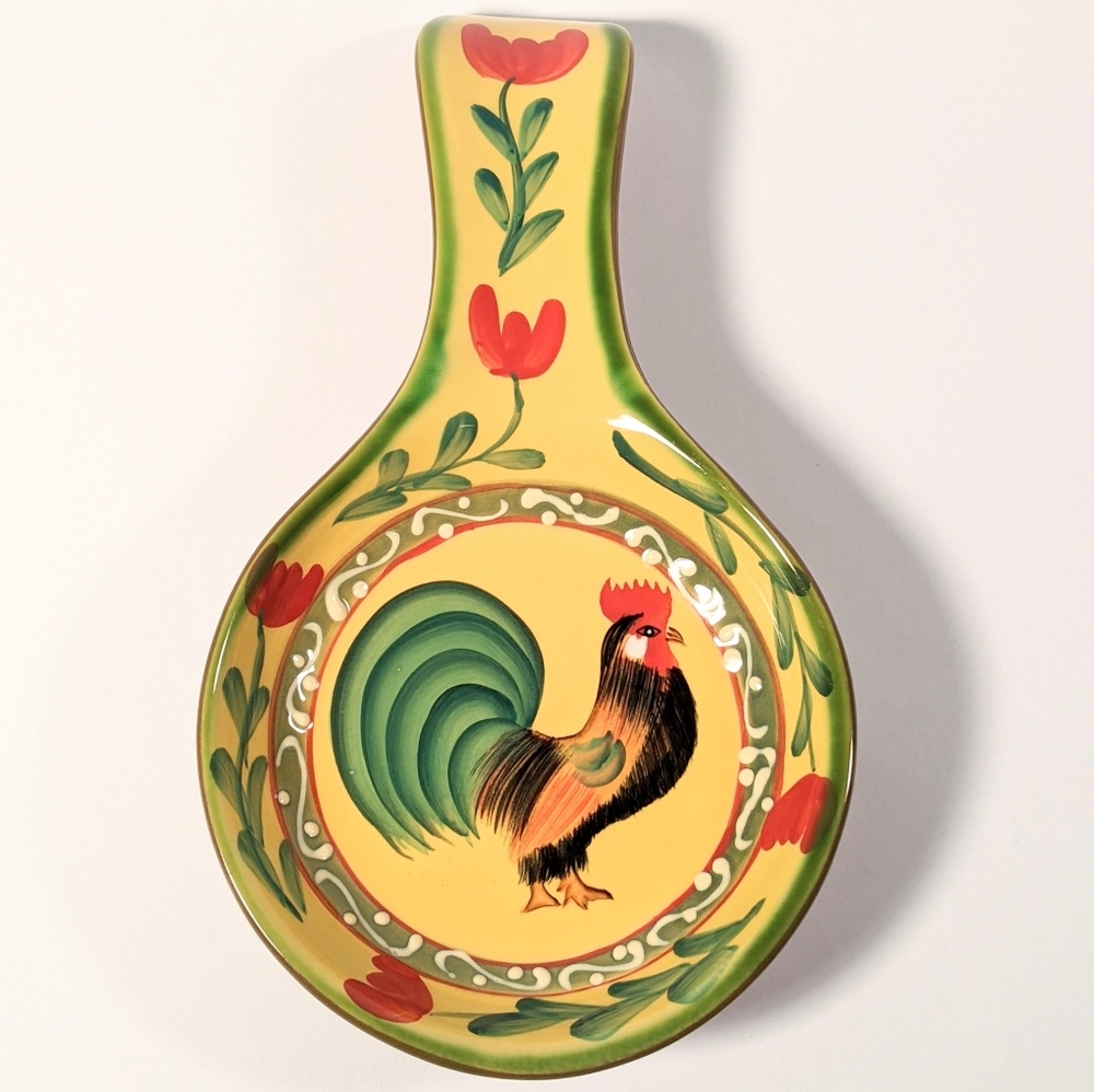 Rooster folk art red tulip hand painted spoon rest